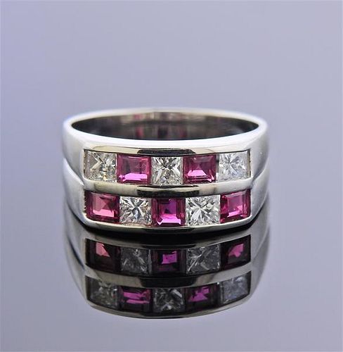 Platinum Diamond Ruby Half  Band Ring 