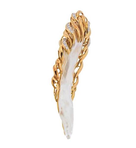 14K Gold Diamond Pearl Brooch Pendant