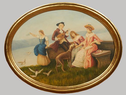 Chinese School, "A Day at the Beach," 20th/21st c., oval oil on panel, presented in a wide stepped gilt frame, H.- 22 3/8 in., W.- 43 in.