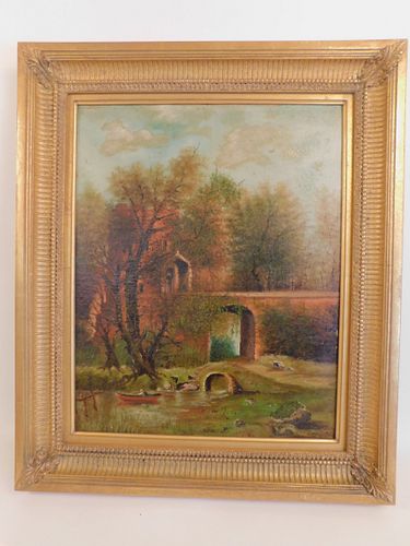ANTIQUE PAINTING OF MAN FISHING & CASTLE