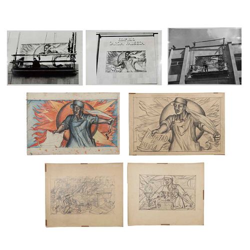 FRANCISCO MORA Lote de 7 obras. Sin enmarcar Consta de: "Libertad de prensa", 1953 Boceto para fresco sobre cemento y 3 fotografías.