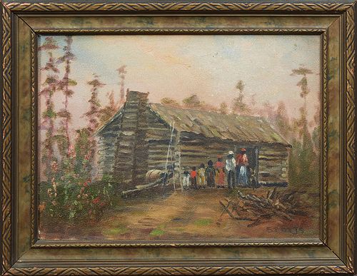 Paul Stotts (1872-1944, Tennessee), "Southern Cabin Family Scene," oil on board, signed lower right, presented in a gilt relief frame, H.- 8 3/4 in., 