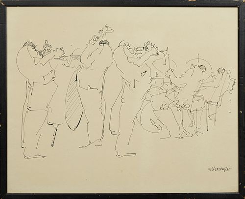 Leo Meiersdorff (1934-1994, German/American), "Jazz Group," 1960, ink on paper, signed lower right, presented in a black wood frame, H.- 13 in., W.- 1