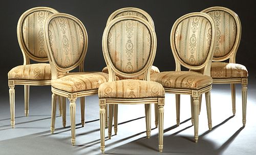 Set of Six French Louis XVI Style Polychromed Dining Chairs, 20th c., the curved canted upholstered back over a bowed cushioned seat, on turned tapere