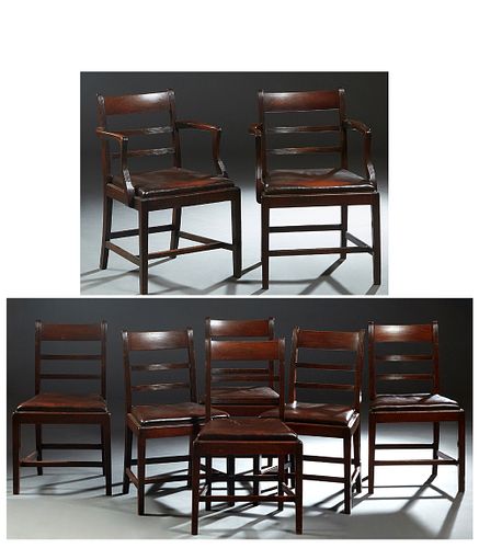Set of Eight (6 +2) Inlaid Carved Mahogany Hepplewhite Style Dining Chairs, 20th c., the canted curved horizontal slat back over a trapezoidal leather