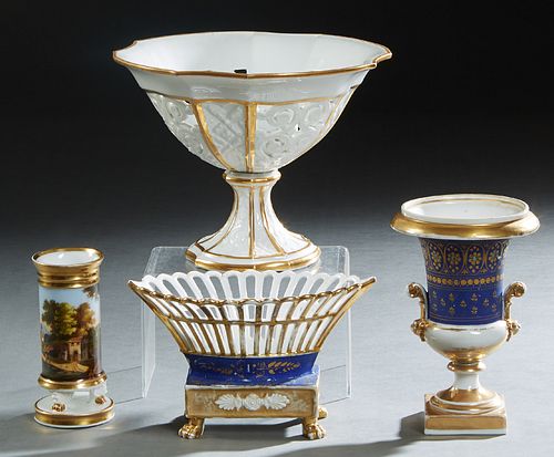 Group of Four French Old Paris Porcelain Pieces, 19th and 20th c., consisting of a gilt decorated compote bearing a label for Edward Honore; a polychr