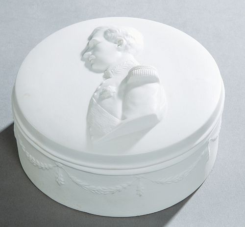 Circular Parian Covered Dresser Box, late 19th c., the lid with a relief bust of Napoleon, the sides with relief garlands and flowers, H.- 3 3/4 in., 