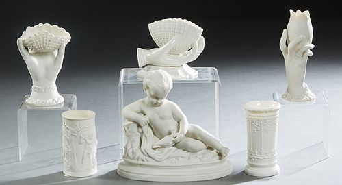 Six Parian Pieces, 19th c., consisting of three hand vases; two cylinder vases, one marked Samuel Alcott; and a figure of a child holding a bird, by J