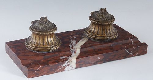 French Gilt Bronze and Figured Rouge Marble Pen Tray/Inkwell, early 20th c., the two inkwells containing glass ink pots, H.- 4 in., W.- 10 1/4 in., D.