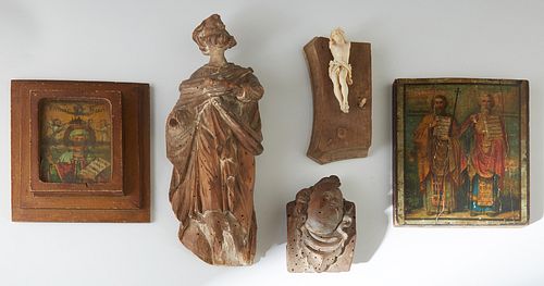 Group of Five Religious Items, 19th/20th c., consisting of a carved wood Santo; a print of an icon laid to panel; a carved wooden bust; a gilt on pape