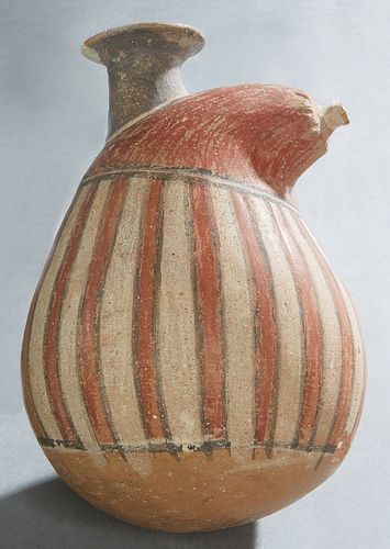 Polychromed and Fired Terracotta Gourd Vessel, 900-1400, Peru, with a flared top spout, the red gourd top scored around the "stem" end, the body with 