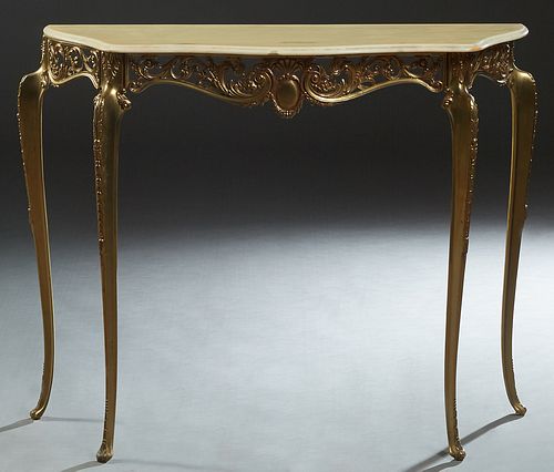 French Brass Louis XV Style Onyx Top Console Table, early 20th c., the rounded edge and corner bowfront onyx, over a pierced brass skirt, on cabriole 