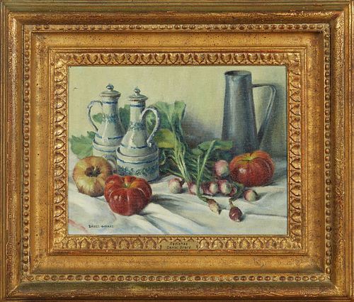 Daniel Girard (1890-1970, French), "Radishes," 20th c., oil on canvas, signed lower left, presented in a gilt and gesso frame, H.- 10 1/4 in., W.- 13 