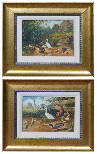 Peter Muhlbach (1957-), "Barnyard Scenes with Birds," 20th c., pair of oils on panel, signed lower left, presented in gilt frames with linen liners, H
