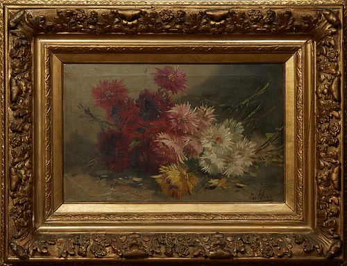 Henry Schouten (Jos. Klaus)(1857-1927, Belgium/Indonesia), "Still Life of Flowers on a Table," 19th c. signed lower right with both names, presented i