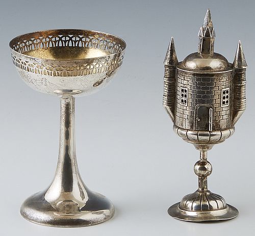 Two .800 Silver Objects, late 19th c., probably German, consisting of a spice tower and a chalice with a pierced rim, Tower- H.- 6 7/8 in., W.- 2 1/2 