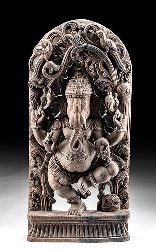 Antique Indian Carved Wood Panel with Ganesha