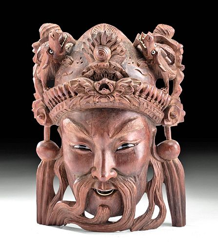 19th C. Chinese Qing Wood & Bone Mask, Dragon Headdress