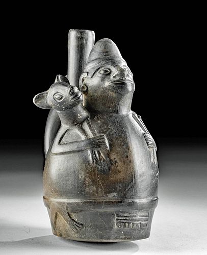 Chimu Pottery Stirrup Vessel with Figure Holding Llama