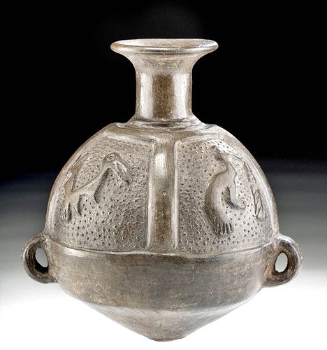 Inca Greyware Pottery Aryballo w/ Relief Figures