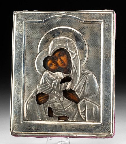 19th C. Russian Icon & Silver Oklad, Virgin of the Kiss