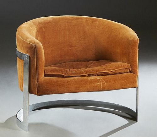 Mid Century Modern Milo Baughman Style Floating Chrome Barrel Chair, 20th c., upholstered in orange velvet, with a tufted seat cushion, H.- 28 in., W.