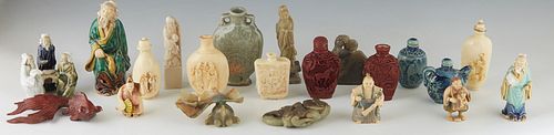 Group of Twenty-One Oriental Items, consisting of four bone snuff bottles, two cinnabar snuff bottles, three ceramic snuff bottles, three signed polyc