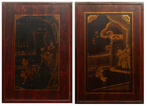 Pair of Chinese Contemporary Wood Panels, 20th c., with painted scenes of warriors on each panel, H.- 37 3/4 in., W.- 24 3/4 in. (2 pcs.)