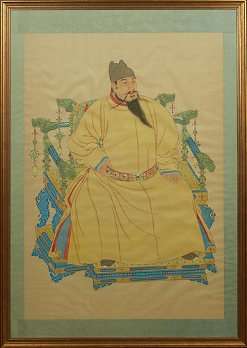 Chinese Ancestor Portrait, late 19th c., oil on silk scroll, presented in a gilt frame with an embroidered silk mat, H.- 43 in., W.- 30 1/2 in.