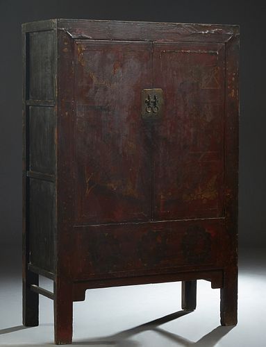 Chinese Red Lacquered Elm Double Door Cabinet, Qing Dynasty, 19th c., Shanxi province, on square legs with original paint decoration, H.- 72 in., W.- 