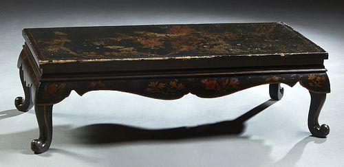 Chinese Black Lacquer Coffee Table, early 20th c., the top with floral and bird decoration, over a curved serpentine skirt, on cabriole legs, H.- 14 3