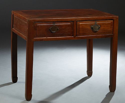 Chinese Carved Elm Writing Table, 19th c., the rectangular top over two frieze drawer, on square legs, H.- 32 1/2 in., W.- 39 in., D.- 26 in.
