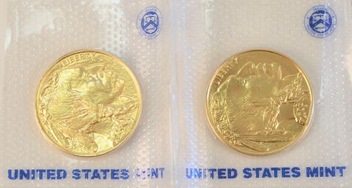 Two Gold Buffalo, 2008 Mint State fine gold, 1 oz each.