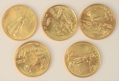 Five Gold Eagles, $5, 2004, 1/10 oz. each.