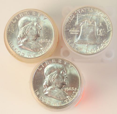 Three Rolls of Franklin Silver Half Dollars, 1963, AU; 1963 D, AU.