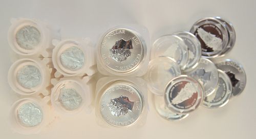 Lot of Silver, to include fifty 1/2 ounce silver Elizabeth II dollars, along with five rolls, having fifty pieces per roll, of 1/10 ounce silver eagle