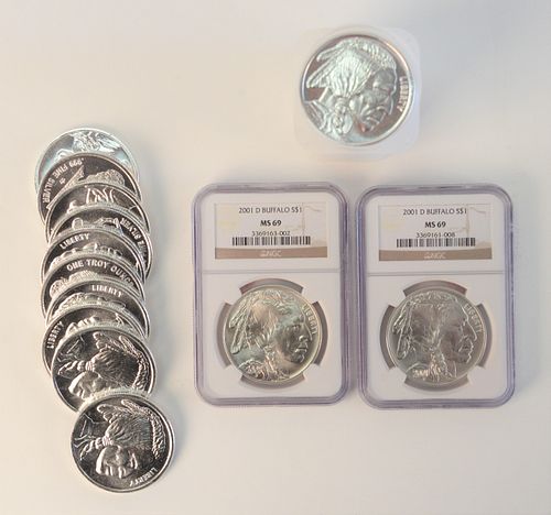 Roll and a Half of Buffalo, 1 oz. silver, 32 troy ounces including 2 slabbed MS 69.
