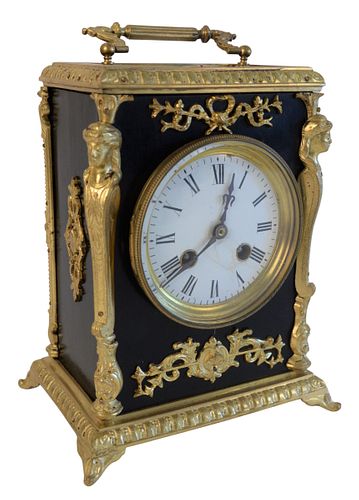 Continental Clock, with brass mounts and handle, (dial repaired), height 9 inches.