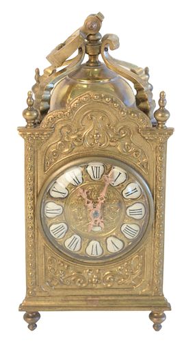 Brass Carriage Clock, with enameled Roman numerals, total height 9 3/4 inches.