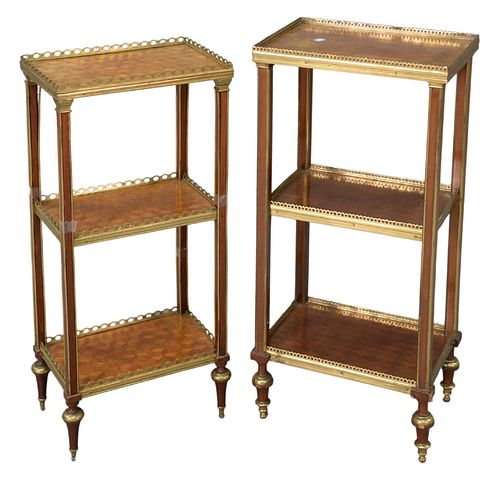 Two Similar French Three Tier Parquetry Inlaid Stands, with brass gallery tops, raised on turned legs, 19th Century, one marked 'Spillman & Company, S