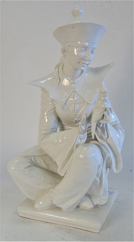 Large White Glazed Oriental Porcelain Figure of Man, seated cross-legged, holding bird, height 21 inches.