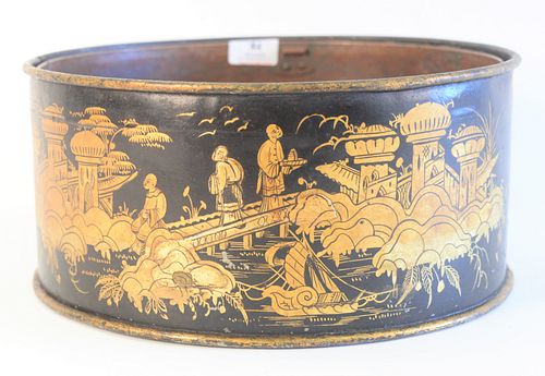 Tole Gilt Decorated Cachepot, having chinoiserie decorated gilt landscape scene, with copper liner, height 6 inches, diameter 12 3/4 inches.