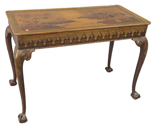 Chinoiserie Decorated Table, with dished top, set on cabriole legs, set on ball and claw feet, height 29 inches, top 21" x 49 1/2".