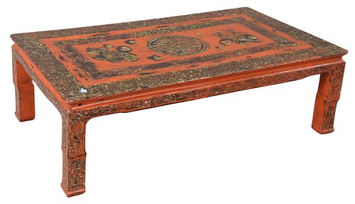 Asian style coffee table in red lacquer and mother of pearl inlay, height 12 inches, length 39-1/2 inches