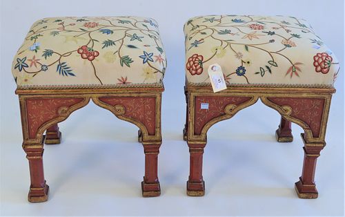 Pair Paint Decorated Footstools, with cruelwork tops, height 17 inches, top 16" x 16".