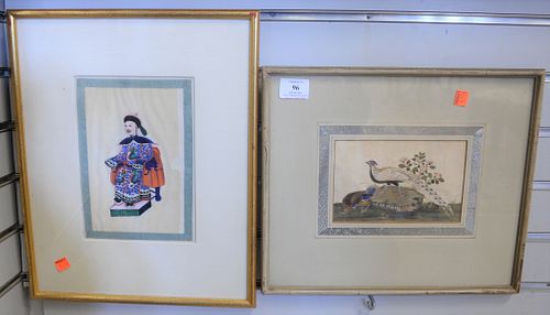 Eleven Piece Group, to include two pairs of Chinese rice paper paintings, one pair depicting peacocks; the other being figural; with a group of seven 