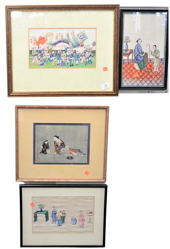 Group of Five Asian Rice Paper Paintings, each with several figures, largest sight size 7" x 11 1/2".