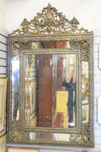 Large 19th Century Brass Embossed Mirror, with mirrored frame, 56 1/2" x 34".