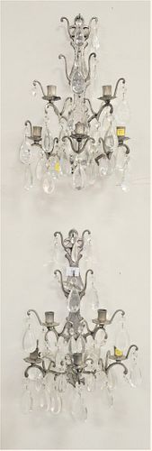 Pair of Five Light Pewter Sconces, having glass prisms, height 20 inches.