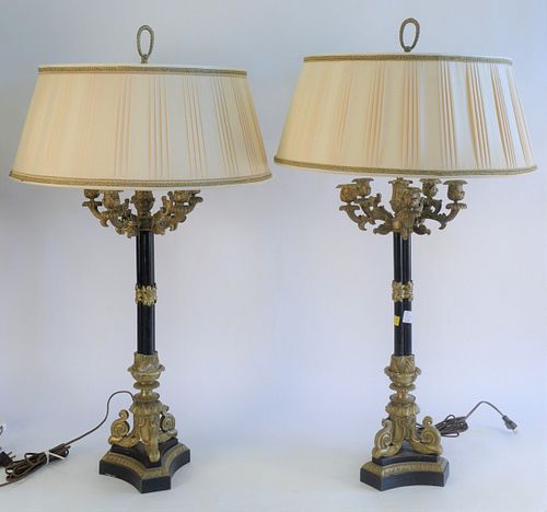 Pair of Large Bronze Candelabras, 5 arm on tall support with triangular base, made into a table lamp, overall 39 inches.